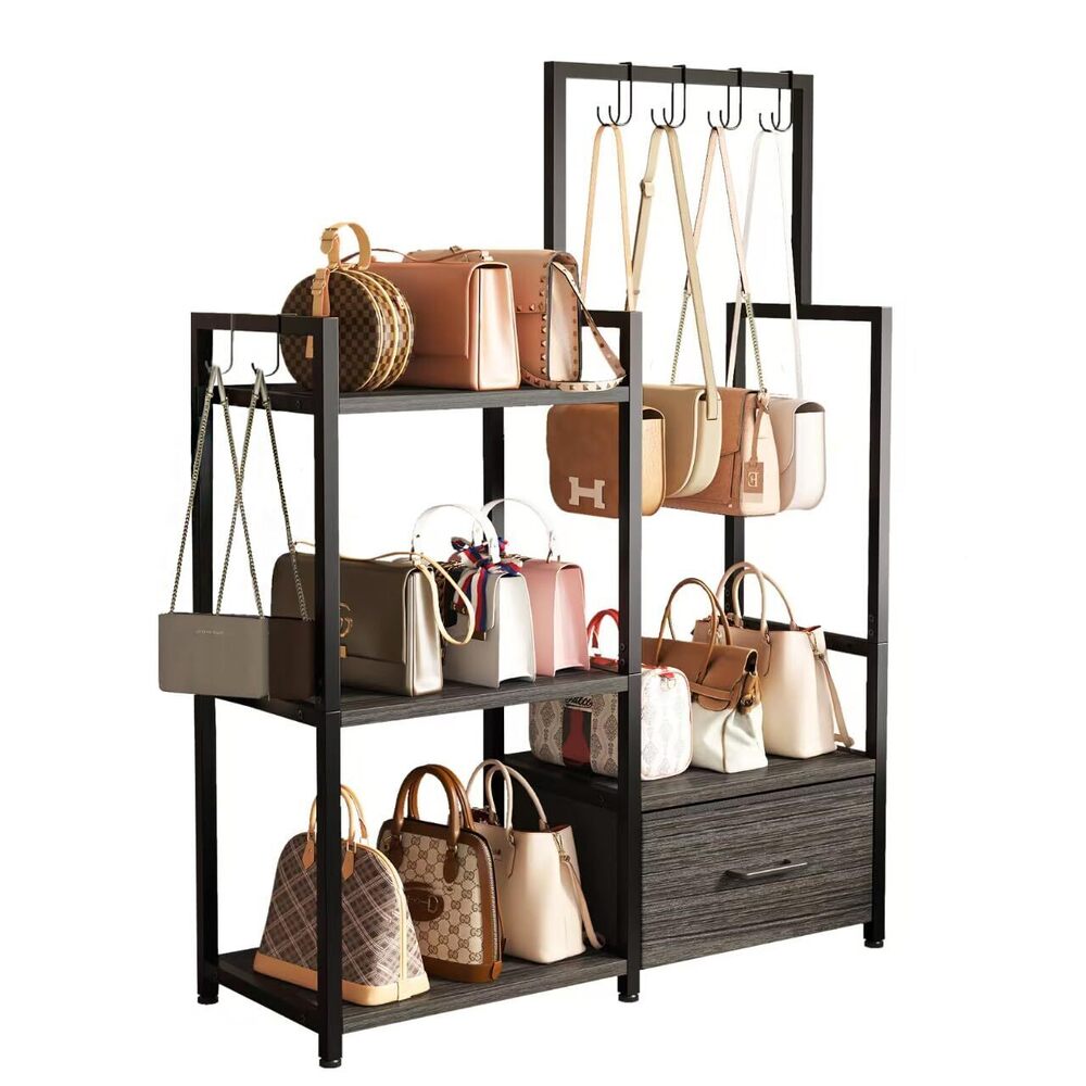 3831 3-Tier Ironwood Purse Rack – Large Drawer & 6 Hooks for Handbag